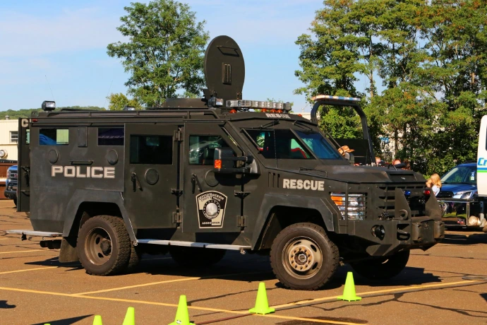 Armored police rescue vehicle parked outdoors